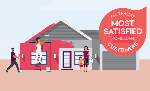 An illustrative image of a people painting a house with the text 'Australia's most satisfied home loan customers'.
